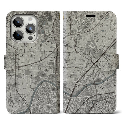 【吹田（大阪府）】地図柄iPhoneケース（手帳タイプ）モノトーン・iPhone 15 Pro 用