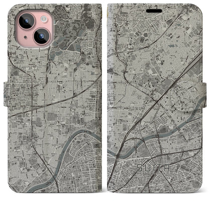 【吹田（大阪府）】地図柄iPhoneケース（手帳タイプ）モノトーン・iPhone 15 Plus 用