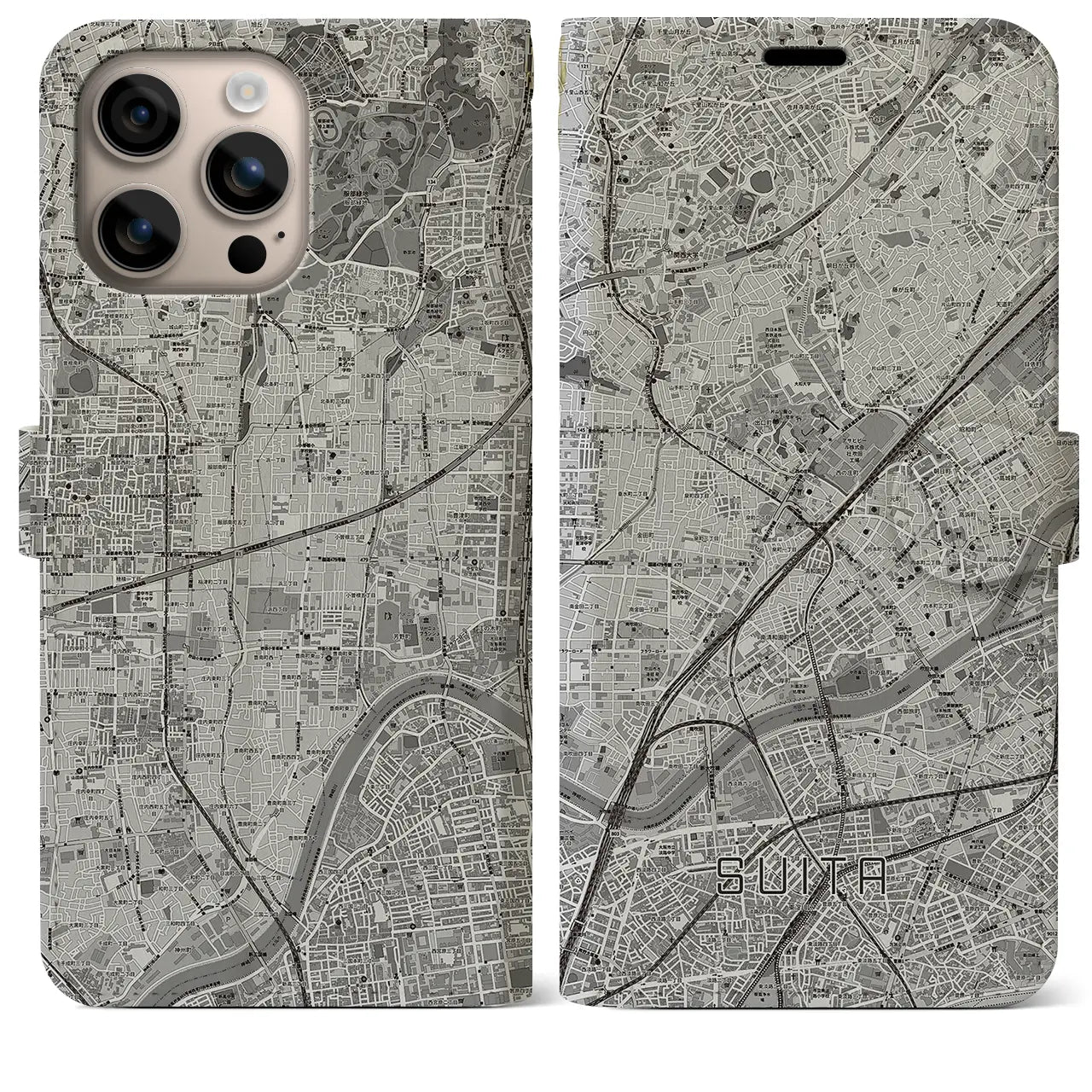 【吹田（大阪府）】地図柄iPhoneケース（手帳タイプ）モノトーン・iPhone 16 Plus 用