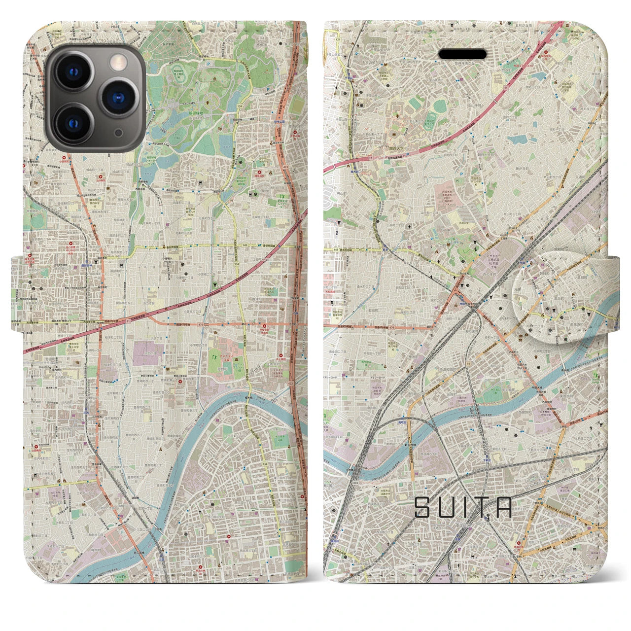 【吹田】地図柄iPhoneケース（手帳両面タイプ・ナチュラル）iPhone 11 Pro Max 用