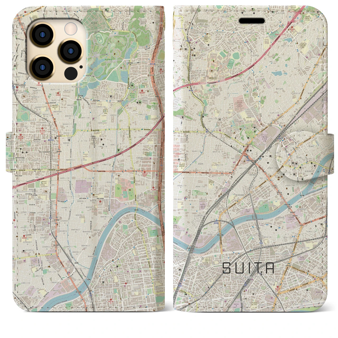 【吹田】地図柄iPhoneケース（手帳両面タイプ・ナチュラル）iPhone 12 Pro Max 用
