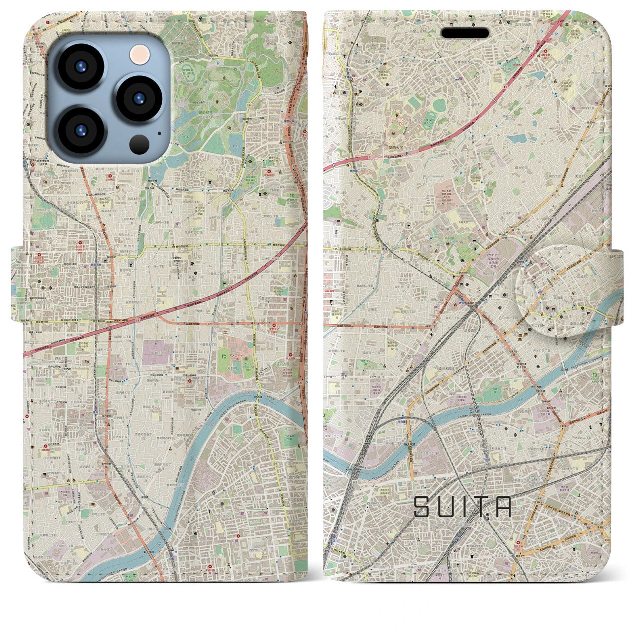 【吹田】地図柄iPhoneケース（手帳両面タイプ・ナチュラル）iPhone 13 Pro Max 用