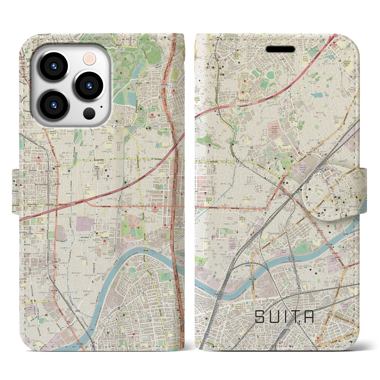【吹田】地図柄iPhoneケース（手帳両面タイプ・ナチュラル）iPhone 13 Pro 用