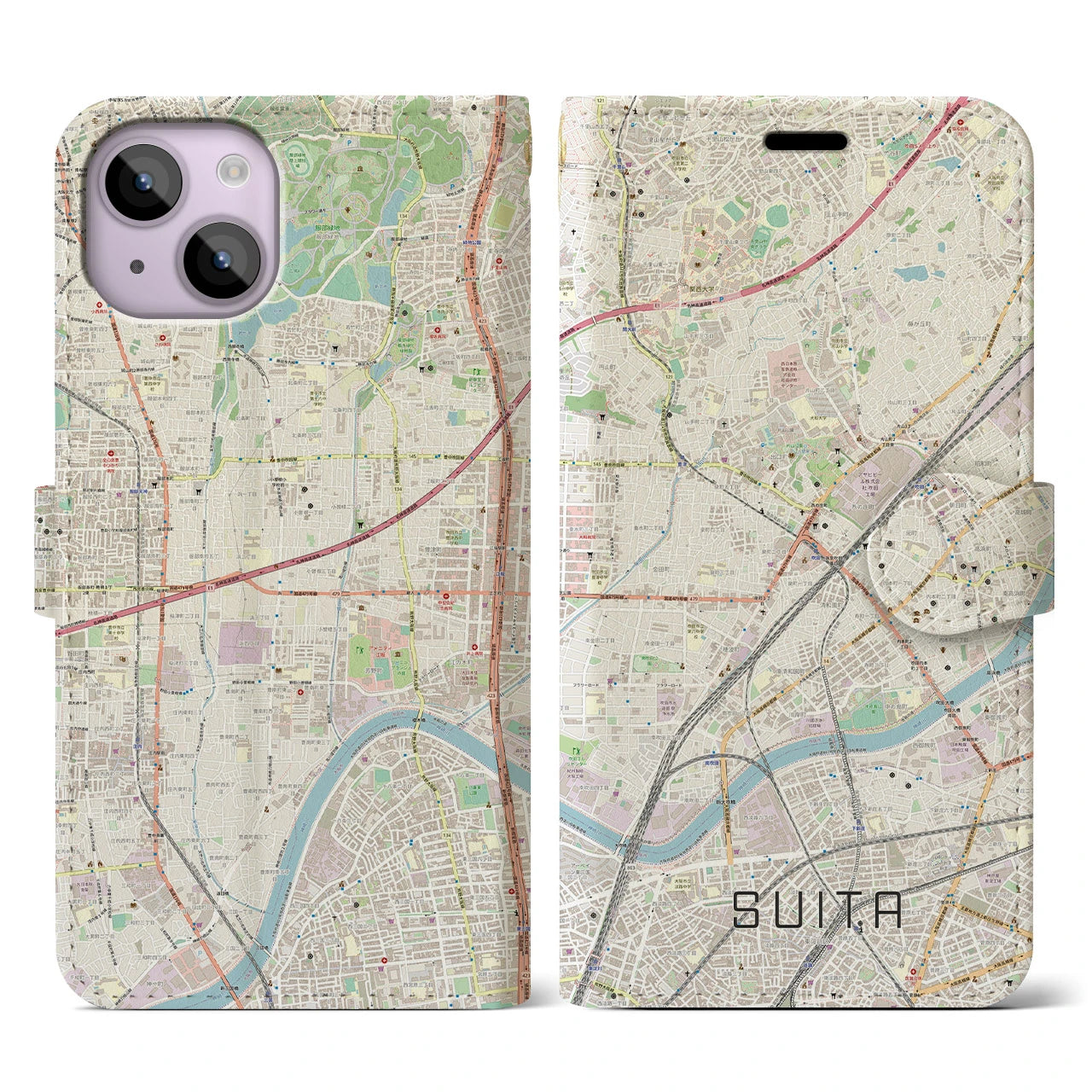 【吹田】地図柄iPhoneケース（手帳両面タイプ・ナチュラル）iPhone 14 用