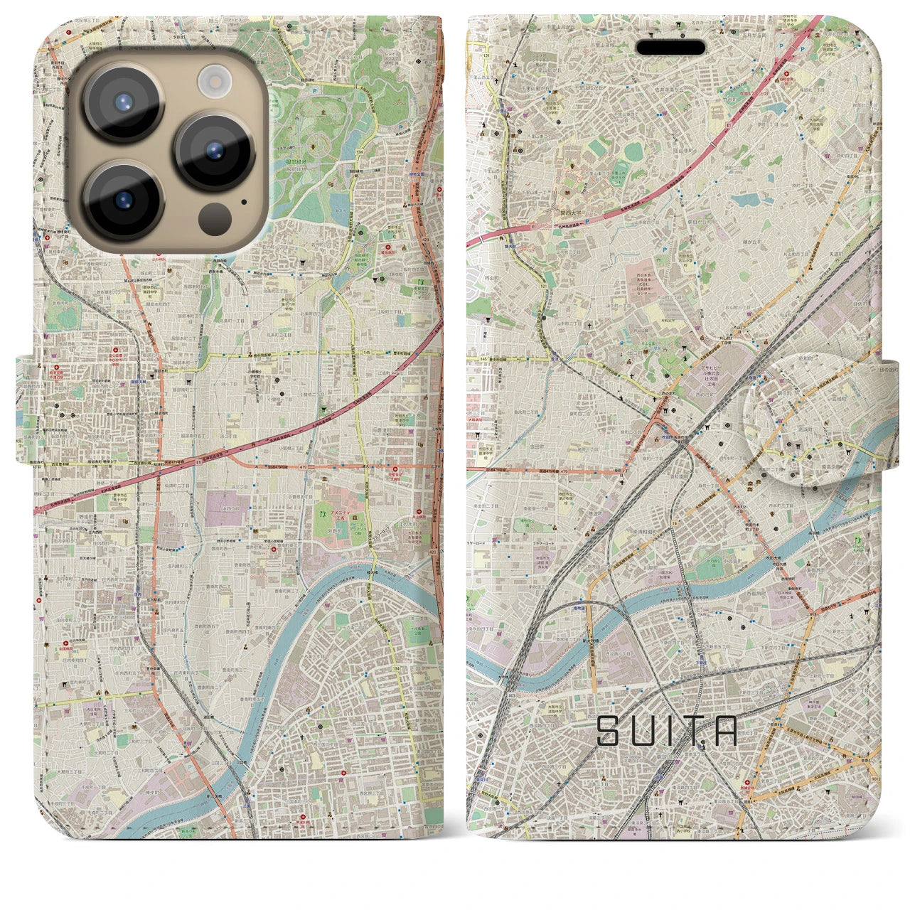 【吹田】地図柄iPhoneケース（手帳両面タイプ・ナチュラル）iPhone 14 Pro Max 用