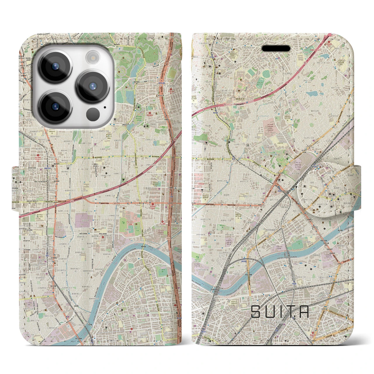 【吹田】地図柄iPhoneケース（手帳両面タイプ・ナチュラル）iPhone 14 Pro 用