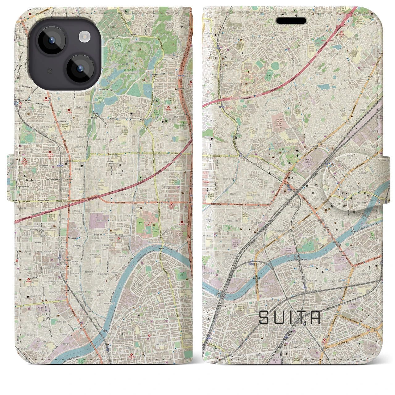 【吹田】地図柄iPhoneケース（手帳両面タイプ・ナチュラル）iPhone 14 Plus 用