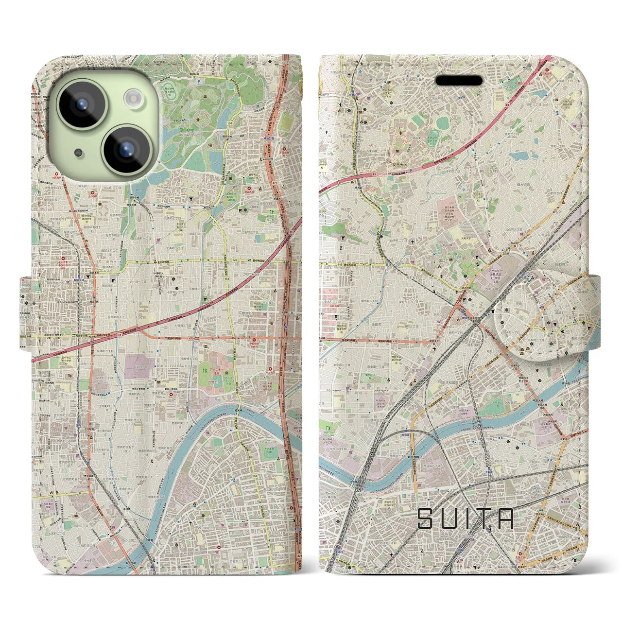 【吹田】地図柄iPhoneケース（手帳両面タイプ・ナチュラル）iPhone 15 用