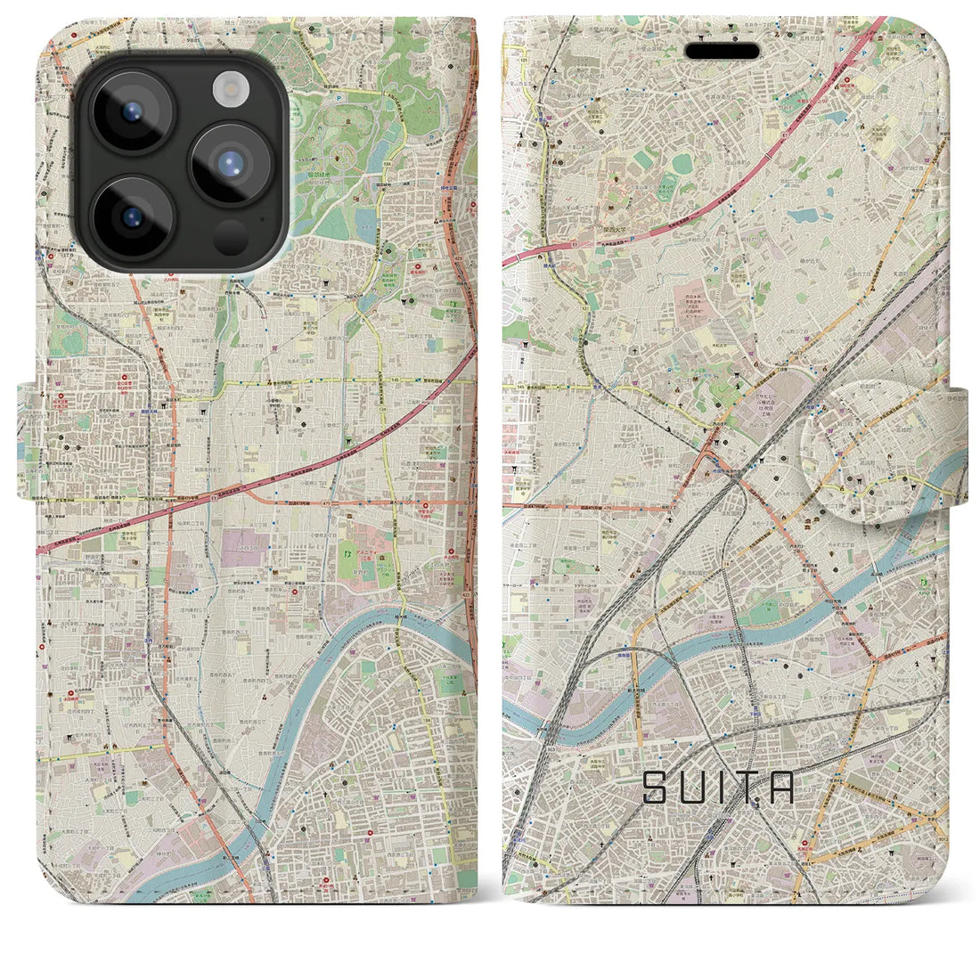 【吹田】地図柄iPhoneケース（手帳両面タイプ・ナチュラル）iPhone 15 Pro Max 用
