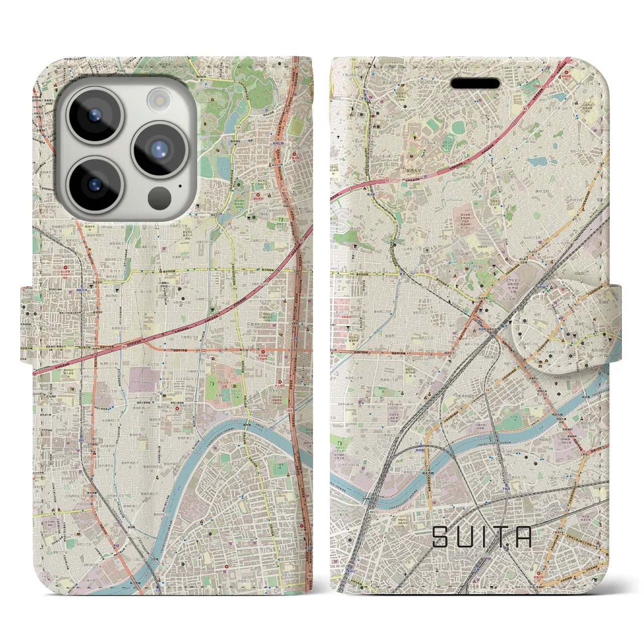 【吹田】地図柄iPhoneケース（手帳両面タイプ・ナチュラル）iPhone 15 Pro 用