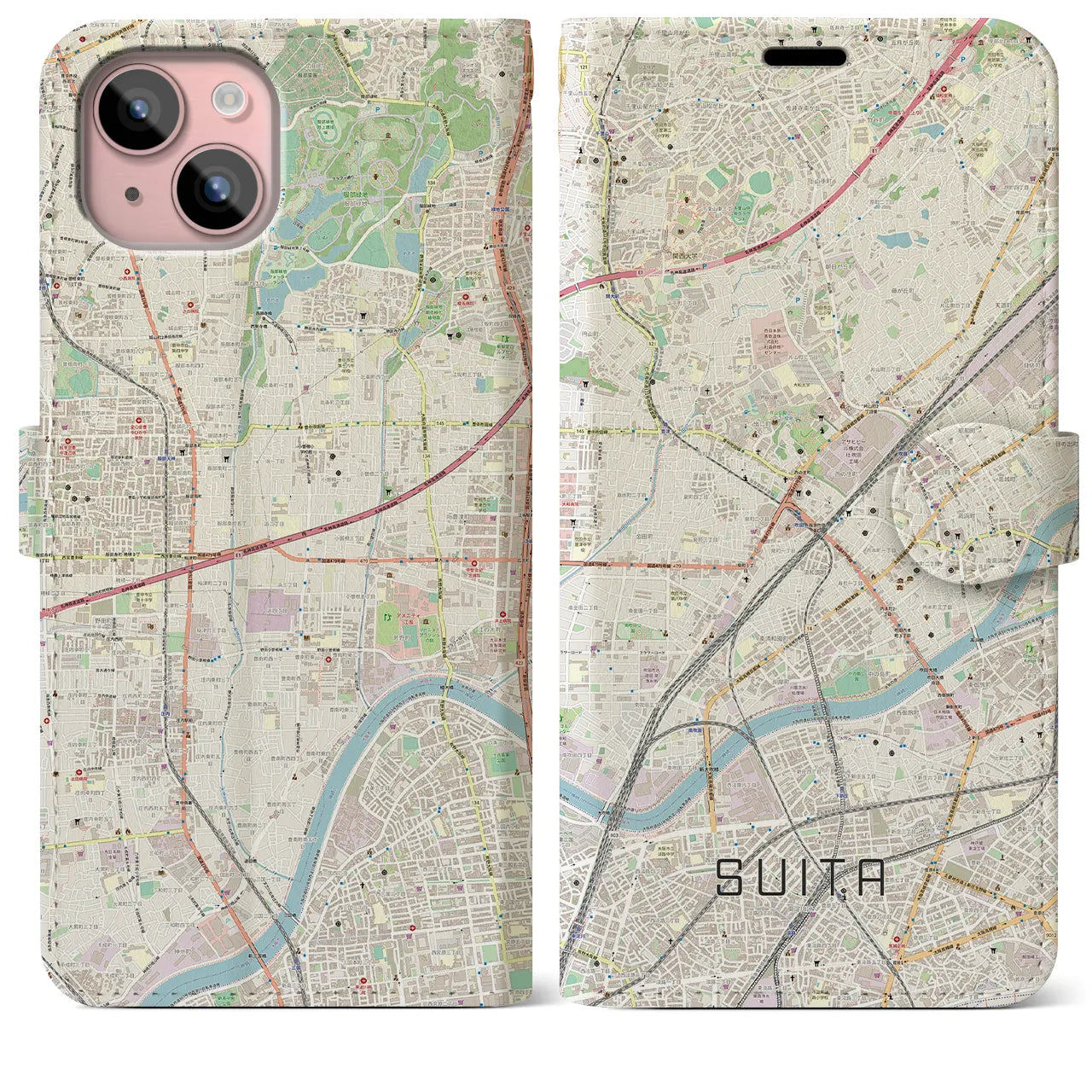 【吹田】地図柄iPhoneケース（手帳両面タイプ・ナチュラル）iPhone 15 Plus 用