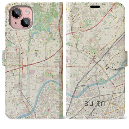 【吹田（大阪府）】地図柄iPhoneケース（手帳タイプ）ナチュラル・iPhone 15 Plus 用