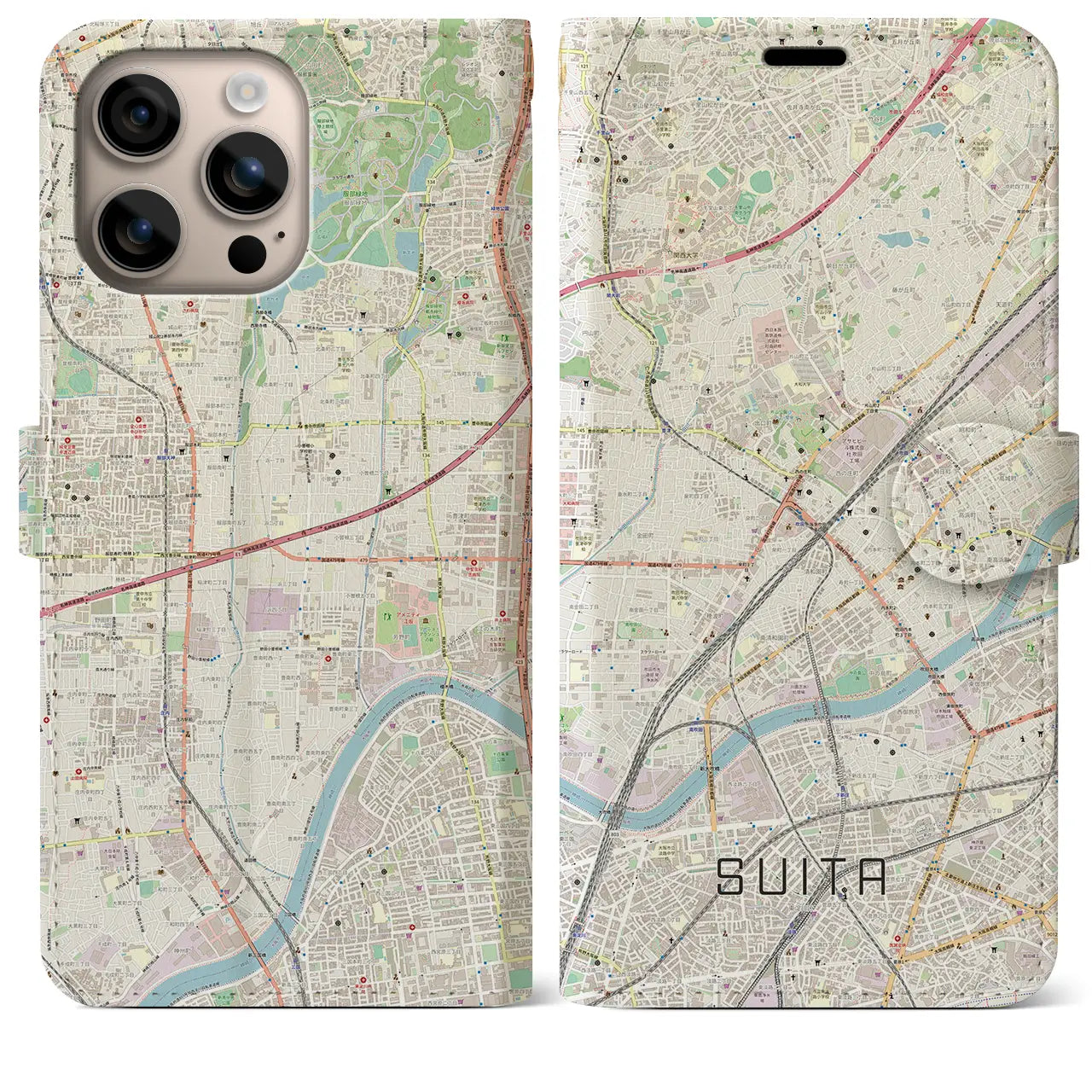 【吹田（大阪府）】地図柄iPhoneケース（手帳タイプ）ナチュラル・iPhone 16 Plus 用