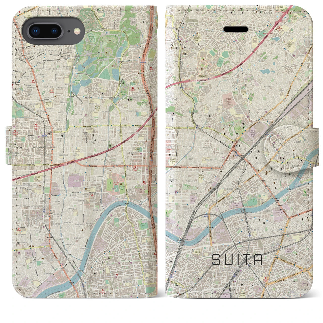 【吹田】地図柄iPhoneケース（手帳両面タイプ・ナチュラル）iPhone 8Plus /7Plus / 6sPlus / 6Plus 用