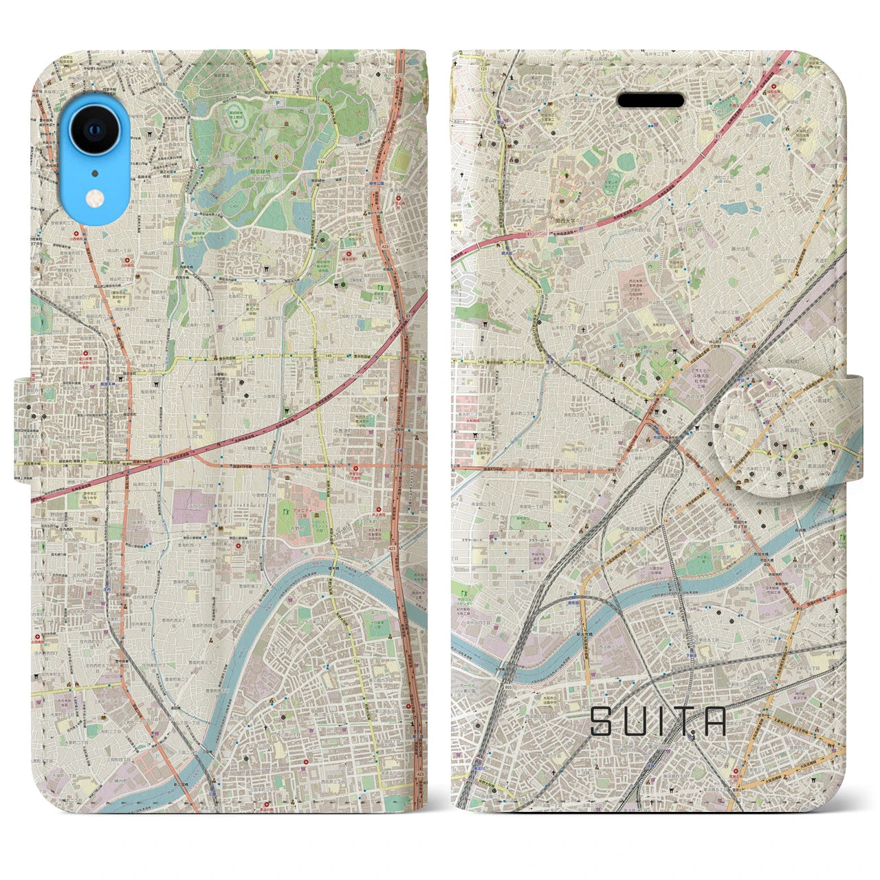 【吹田】地図柄iPhoneケース（手帳両面タイプ・ナチュラル）iPhone XR 用