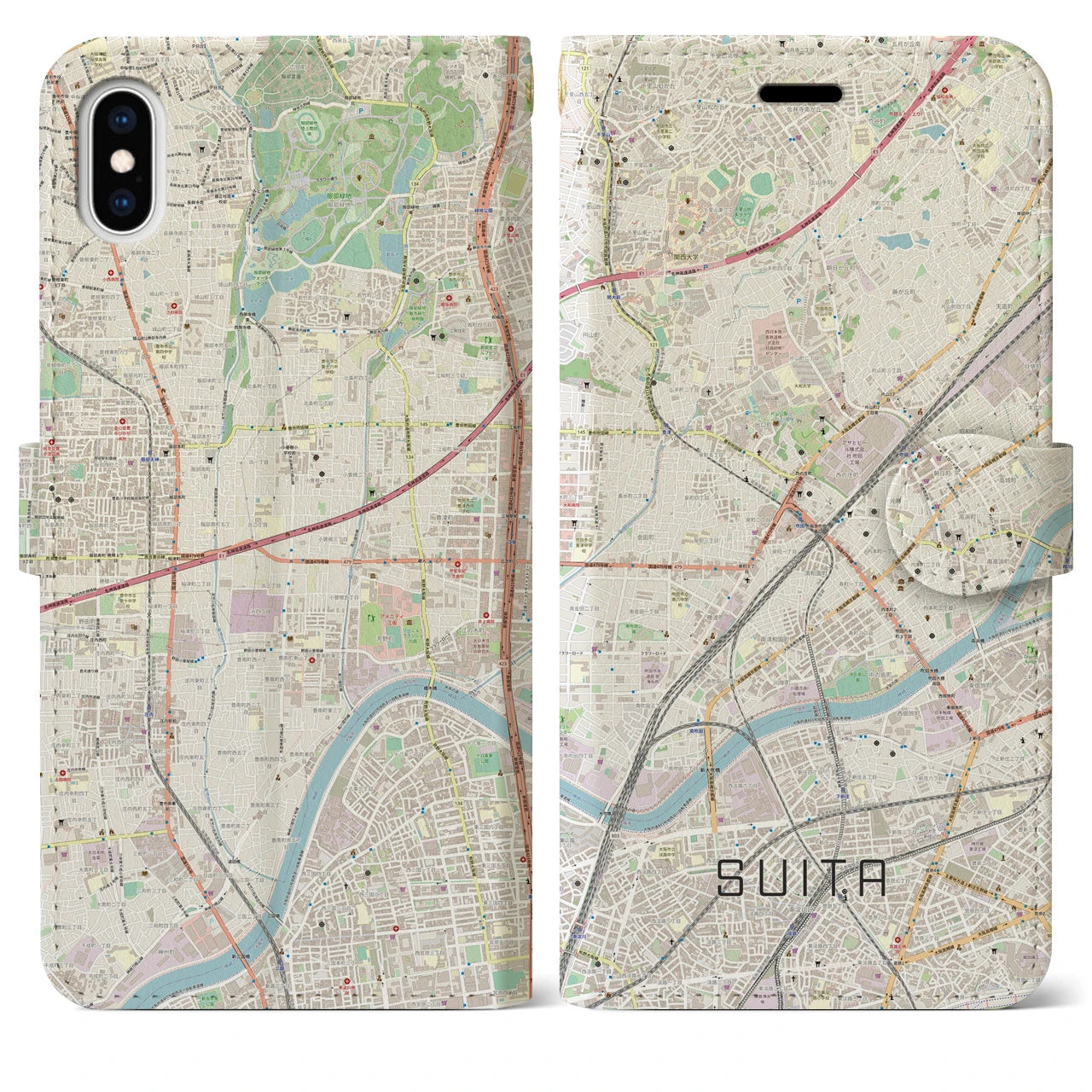 【吹田】地図柄iPhoneケース（手帳両面タイプ・ナチュラル）iPhone XS Max 用