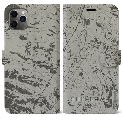 【須賀川（福島県）】地図柄iPhoneケース（手帳タイプ）モノトーン・iPhone 11 Pro Max 用