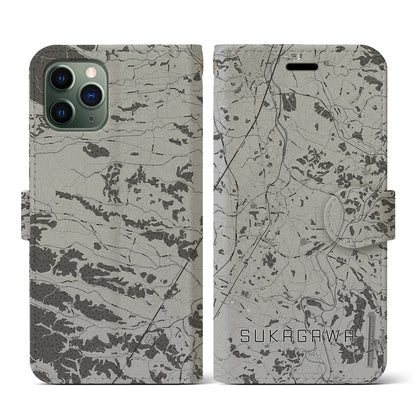 【須賀川（福島県）】地図柄iPhoneケース（手帳タイプ）モノトーン・iPhone 11 Pro 用