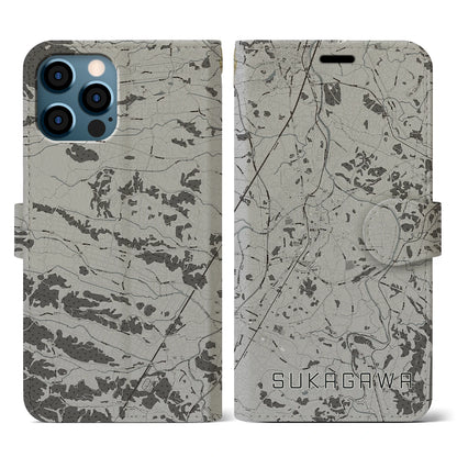 【須賀川（福島県）】地図柄iPhoneケース（手帳タイプ）モノトーン・iPhone 12 / 12 Pro 用