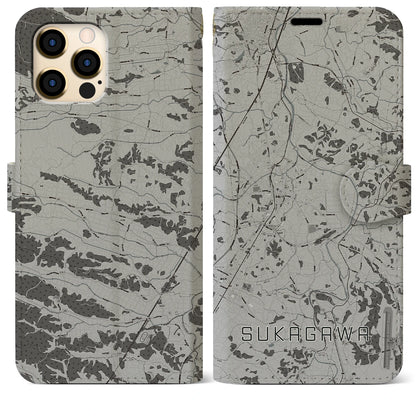 【須賀川（福島県）】地図柄iPhoneケース（手帳タイプ）モノトーン・iPhone 12 Pro Max 用