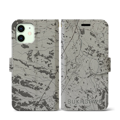 【須賀川（福島県）】地図柄iPhoneケース（手帳タイプ）モノトーン・iPhone 12 mini 用