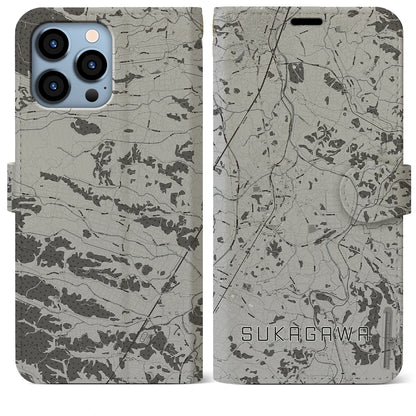 【須賀川（福島県）】地図柄iPhoneケース（手帳タイプ）モノトーン・iPhone 13 Pro Max 用