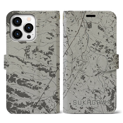 【須賀川（福島県）】地図柄iPhoneケース（手帳タイプ）モノトーン・iPhone 13 Pro 用