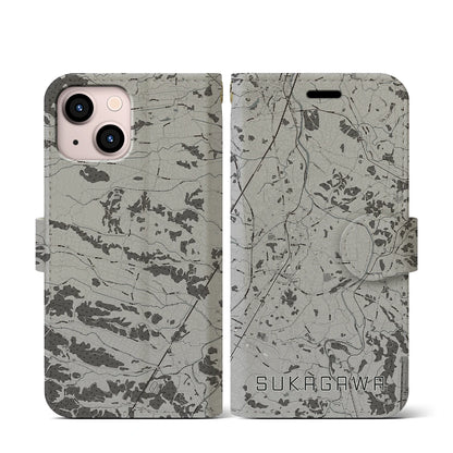 【須賀川（福島県）】地図柄iPhoneケース（手帳タイプ）モノトーン・iPhone 13 mini 用