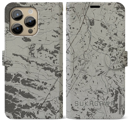 【須賀川（福島県）】地図柄iPhoneケース（手帳タイプ）モノトーン・iPhone 14 Pro Max 用