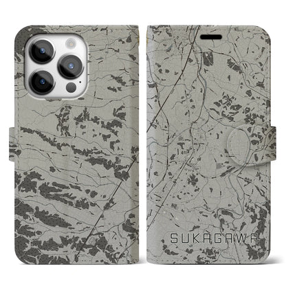 【須賀川（福島県）】地図柄iPhoneケース（手帳タイプ）モノトーン・iPhone 14 Pro 用