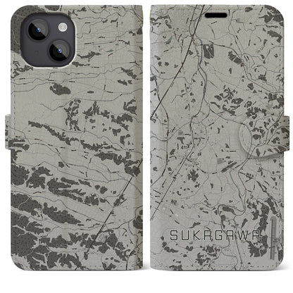 【須賀川（福島県）】地図柄iPhoneケース（手帳タイプ）モノトーン・iPhone 14 Plus 用