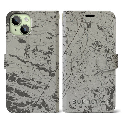 【須賀川（福島県）】地図柄iPhoneケース（手帳タイプ）モノトーン・iPhone 15 用
