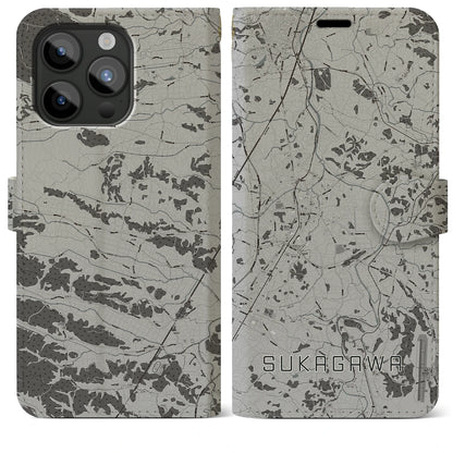 【須賀川（福島県）】地図柄iPhoneケース（手帳タイプ）モノトーン・iPhone 15 Pro Max 用