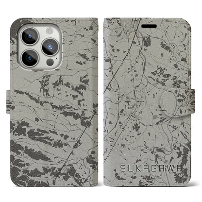 【須賀川（福島県）】地図柄iPhoneケース（手帳タイプ）モノトーン・iPhone 15 Pro 用