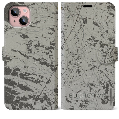 【須賀川（福島県）】地図柄iPhoneケース（手帳タイプ）モノトーン・iPhone 15 Plus 用