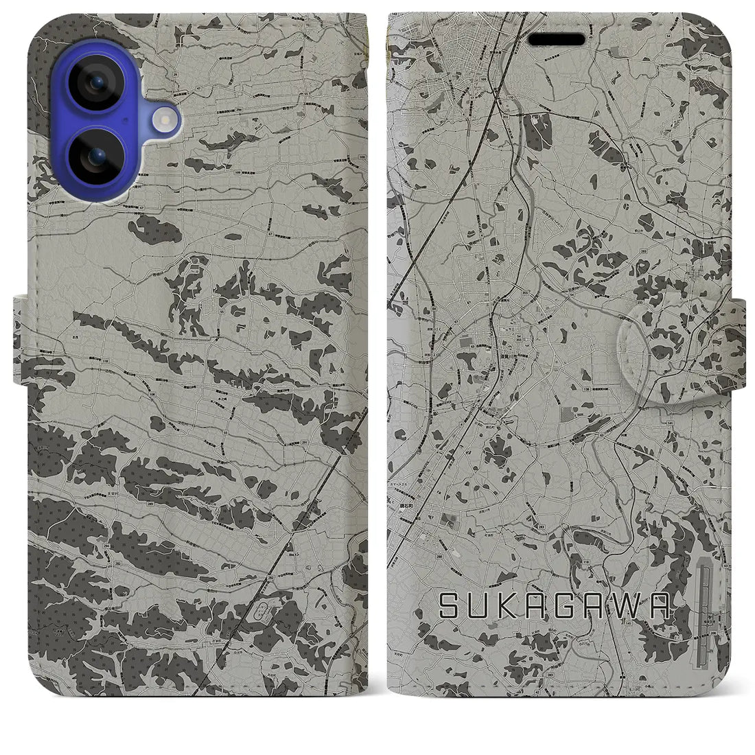 【須賀川(福島県)】地図柄iPhoneケース(手帳タイプ)モノトーン・iPhone 16 Pro Max 用