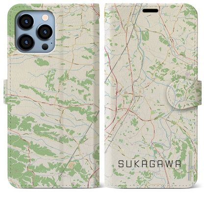 【須賀川（福島県）】地図柄iPhoneケース（手帳タイプ）ナチュラル・iPhone 13 Pro Max 用