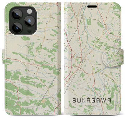 【須賀川（福島県）】地図柄iPhoneケース（手帳タイプ）ナチュラル・iPhone 15 Pro Max 用