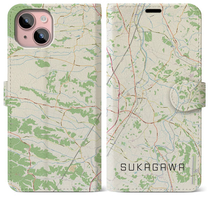 【須賀川（福島県）】地図柄iPhoneケース（手帳タイプ）ナチュラル・iPhone 15 Plus 用