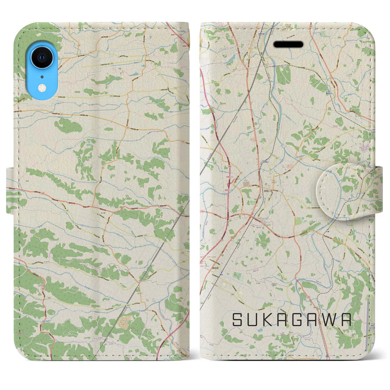 【須賀川】地図柄iPhoneケース（手帳両面タイプ・ナチュラル）iPhone XR 用