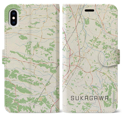 【須賀川（福島県）】地図柄iPhoneケース（手帳タイプ）ナチュラル・iPhone XS Max 用