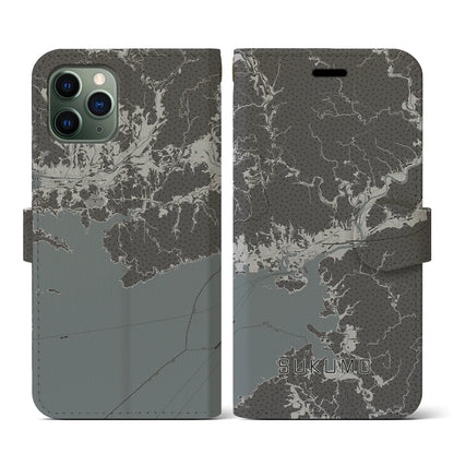 【宿毛（高知県）】地図柄iPhoneケース（手帳タイプ）モノトーン・iPhone 11 Pro 用