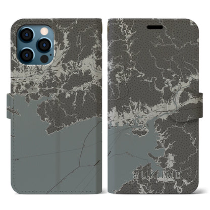 【宿毛（高知県）】地図柄iPhoneケース（手帳タイプ）モノトーン・iPhone 12 / 12 Pro 用