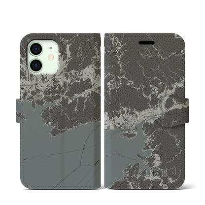 【宿毛（高知県）】地図柄iPhoneケース（手帳タイプ）モノトーン・iPhone 12 mini 用