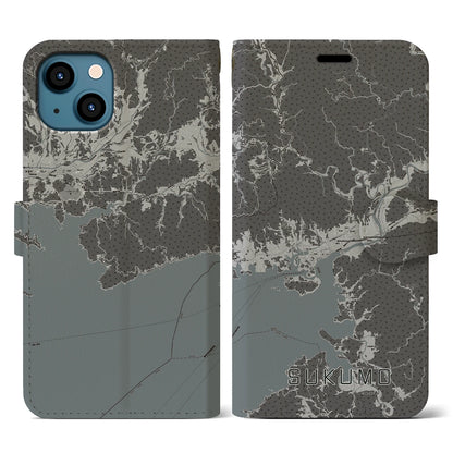 【宿毛（高知県）】地図柄iPhoneケース（手帳タイプ）モノトーン・iPhone 13 用