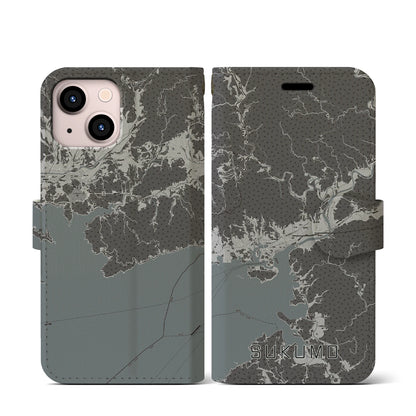 【宿毛（高知県）】地図柄iPhoneケース（手帳タイプ）モノトーン・iPhone 13 mini 用