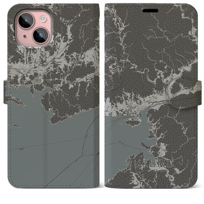 【宿毛（高知県）】地図柄iPhoneケース（手帳タイプ）モノトーン・iPhone 15 Plus 用