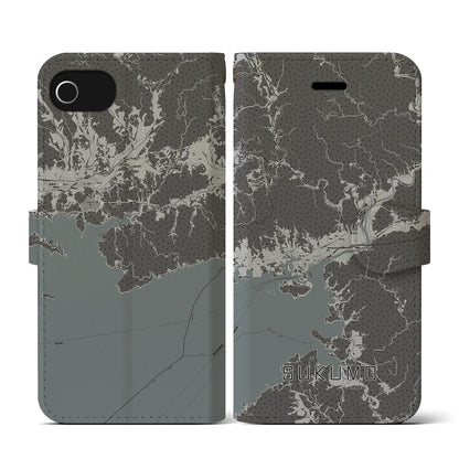 【宿毛（高知県）】地図柄iPhoneケース（手帳タイプ）モノトーン・iPhone SE（第3 / 第2世代） / 8 / 7 / 6s / 6 用