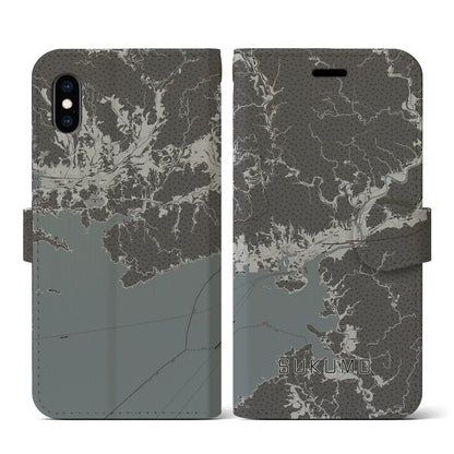 【宿毛（高知県）】地図柄iPhoneケース（手帳タイプ）モノトーン・iPhone XS / X 用