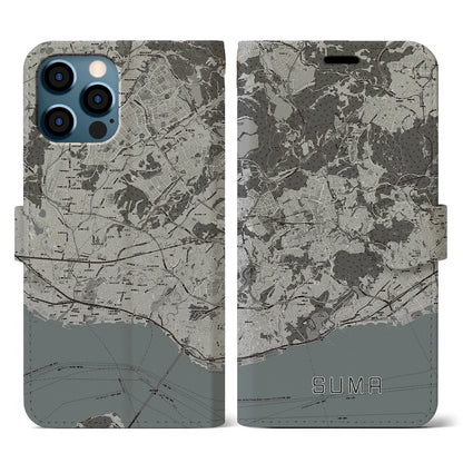 【須磨（兵庫県）】地図柄iPhoneケース（手帳タイプ）モノトーン・iPhone 12 / 12 Pro 用